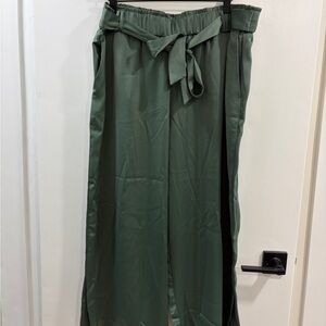 Green Satin Wide-Leg Pants with Tie Waist